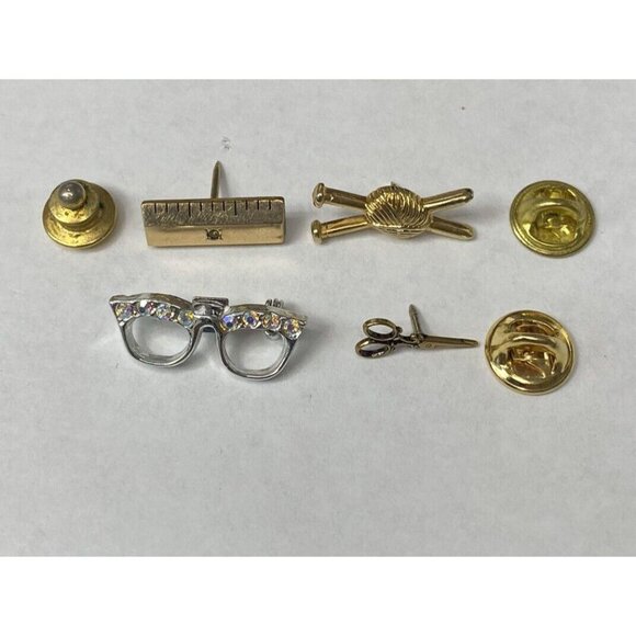 10K Ruler Tie Tack Lapel Pin Cat Glasses Knitting Needles Hairdresser Scissors - Picture 1 of 6